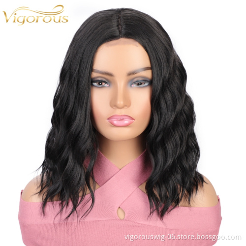 Vigorous Top Quality Short Wavy Bob Wigs For Black Women Middle Part Synthetic Lace Black Wigs Wholesale Price